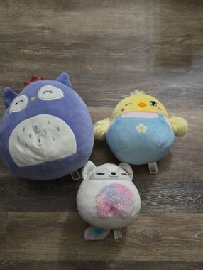Squishmallows Purple Owl, Yellow Chick, and White Pastel Unicorn Plush Lot